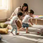הורה וילדים עושים מסלול מכשולים בסלון בבית